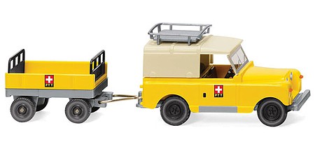 Wiking 10005 HO Scale 1958 Land Rover with Roof and Trailer - Assembled -- Swiss Mail (yellow, red)