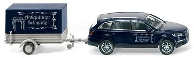 Wiking 13306 HO Scale Automobile Audi Q7 Station Wagon w/Covered Low-Side Trailer - Assembled -- Antiquitaten Schneider (blue, silver)