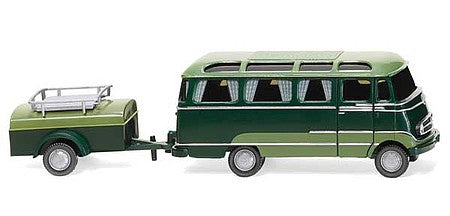 Wiking 26004 HO Scale 1955 Mercedes-Benz 0 319 Panorama Bus with Trailer - Assembled -- 2-Tone Green