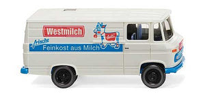 Wiking 27058 HO Scale 1967-1974 Mercedes-Benz L 406 Cargo Van - Assembled -- Westmilch (white, blue, red, German Lettering)