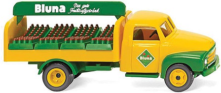 Wiking 35301 HO Scale 1952-1960 Opel Blitz Low-Side Delivery Truck with Bottles - Assembled -- Bluna (yellow, green, German Lettering)