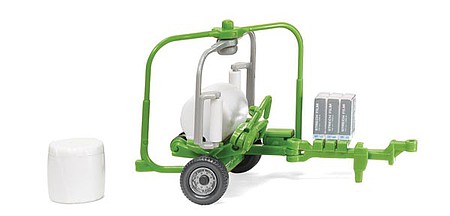 Wiking 38439 HO Scale Deutz WrapMaster 1851 Hay Bale Wrapper Trailer - Assembled -- Green