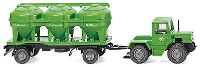 Wiking 38598 HO Scale 1976 Mercedes-Benz Trac Tractor w/Silo Trailer - Assembled -- Raiffeisen Bank (green, white, German Lettering)