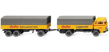 Wiking 43201 HO Scale 1963-1967 Mercedes-Benz 1620 Low-Side Delivery Truck with Trailer - Assembled -- Deuka (yellow, red, gray, German Lettering)