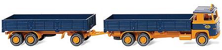 Wiking 43304 HO Scale 1974 Scania Low-Side Truck w/Trailer - Assembled -- ASG (yellow, blue, German Lettering)