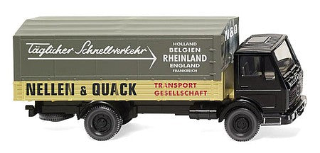 Wiking 43702 HO Scale 1973-1980 Mercedes-Benz NG Low-Side Truck with Cover - Assembled -- Nellen and Quack (black, beige, gray, German Lettering)