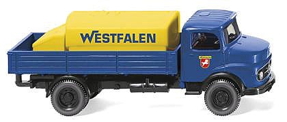 Wiking 43801 HO Scale 1963 Mercedes-Benz Low-Side Delivery Truck w/Tank Load - Assembled -- Westfalen (blue, yellow, German Lettering)