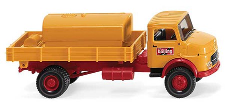 Wiking 43802 HO Scale 1963 Mercedes-Benz Low-Side Delivery Truck w/Tank Load - Assembled -- Bolling (yellow, red; German Lettering)