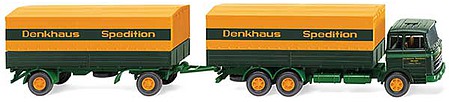 Wiking 45601 HO Scale Mercedes-Benz 2223 Low-Side Truck with Trailer - Assembled -- Denkhaus Spedition (green, yellow, German Lettering)