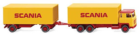 Wiking 45702 HO Scale 1975-1980 Scania 111 Box-Body Delivery Truck with Trailer - Assembled -- Yellow, Red