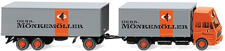 Wiking 45901 HO Scale 1973-1980 Mercedes-Benz Box-Body Truck and Trailer - Assembled -- Monkemoller (gray, orange, German Lettering)