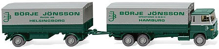 Wiking 46001 HO Scale 1974-1980 Scania 111 Covered Low-Side Truck with Trailer - Assembled -- Borje Jonsson (green, gray, German Lettering)