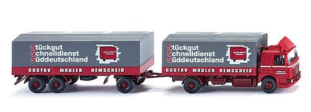 Wiking 47301 HO Scale 1972-1975 MAN Low-Side Truck with Trailer - Assembled -- Spedition Gustav Mauler (red, gray, white, German Lettering)