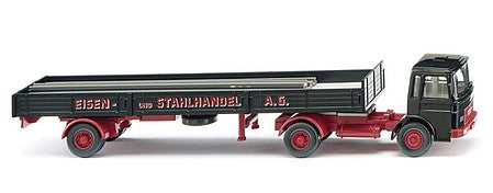 Wiking 48803 HO Scale 1966 MAN Tractor with Low-Side Trailer and Steel Load - Assembled -- Eisen and Stahlhandel Co. (black, red, German Lettering)