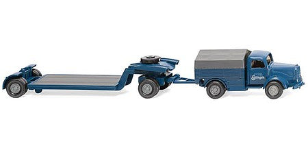 Wiking 49203 HO Scale 1952-1959 Mercedes-Benz L 5000 Low-Side Truck with Lowboy Trailer - Assembled -- Maschinenfabrik Esslingen (blue, German Lettering)