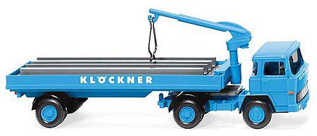 Wiking 50205 HO Scale 1966-68 Magirus 135 D 11 FS Tractor, Low-Side Trailer & Hoist - Assembled -- Klockner (blue, white; German Lettering)