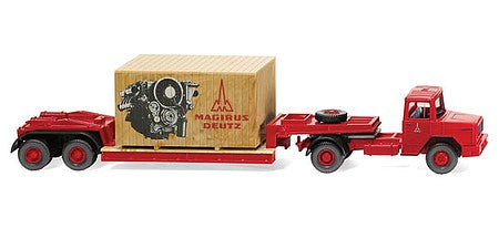 Wiking 50305 HO Scale 1970-1974 Magirus Deutz Tractor with Low Boy Trailer, Crate Load - Assembled -- Magirus (red, German Lettering)