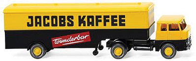 Wiking 51321 HO Scale 1961 Henschel HS 14/16 Tractor w/Van Trailer - Assembled -- Jacobs Coffee (black, yellow, red, German Lettering)