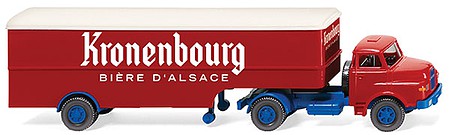 Wiking 51322 HO Scale 1960-1967 Saviem-Hauber Tractor with Van Trailer - Assembled -- Kronenbourg Beer (red, white, blue, French Lettering)