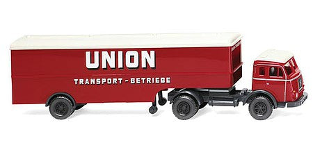 Wiking 51323 HO Scale 1955-1961 Henschel Tractor with Van Trailer - Assembled -- Union Transport (red, white, German Lettering)
