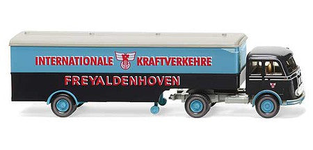 Wiking 51324 HO Scale 1955-1963 Mercedes-Benz Pullman Tractor with Van Trailer - Assembled -- Freyaldenhoven (black, blue, red, German Lettering)