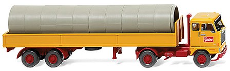 Wiking 51501 HO Scale 1965 Volvo F88 Tractor w/Low-Side Trailer & Pipe Load - Assembled -- Bolling (yellow, red, German Lettering)