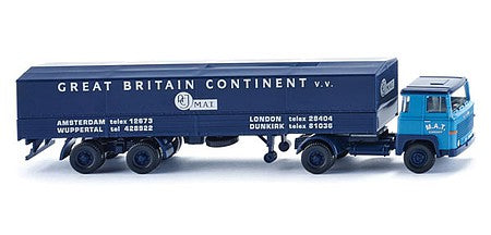 Wiking 51702 HO Scale 1975-1980 Scania 111 Tractor with Low-Side Trailer and Cover - Assembled -- MAT (blue, gray, English Lettering)
