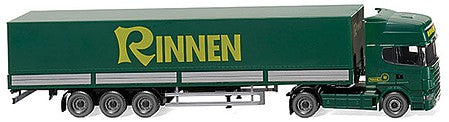 Wiking 51804 HO Scale Scania R420 Topline Tractor w/Covered Low-Side Trailer - Assembled -- Rinnen (green, yellow, German Lettering)