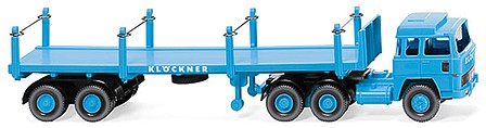 Wiking 51846 HO Scale 1963 Magirus 235 D Tractor w/Flatbed Trailer - Assembled -- Klockner (light blue, white, German Lettering)