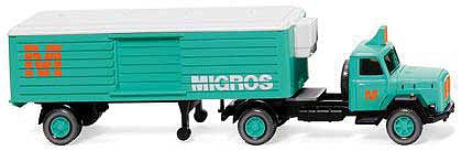 Wiking 52003 HO Scale 1958 Magirus S 3500 Tractor with Reefer Trailer - Assembled -- Migros (green, white, orange, German Lettering)
