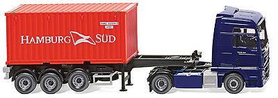 Wiking 52348 HO Scale MAN TGX Euro 6 Tractor w/20' Container on Chassis Trailer - Assembled -- Blue w/Hamburg-Sud Container