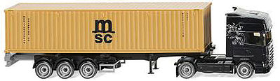 Wiking 52349 HO Scale Scania Tractor w/Container on Chassis Trailer - Assembled -- MSC (black Tractor, beige Container)