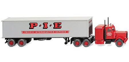 Wiking 52706 HO Scale 1977-1986 Peterbilt Sleeper-Cab Tractor with 40' Container on Trailer - Assemb -- Pacific Intermountain Express (red, silver)