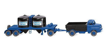 Wiking 53404 HO Scale 1969-1994 MAN Low-Side Truck with Silo Container Trailer - Assembled -- Scholven Chemie (blue, black, German Lettering)