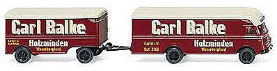 Wiking 54002 HO Scale 1956 Ackermann Furniture Delivery Van w/Trailer - Assembled -- Carl Balke (red, white, yellow, German Lettering)