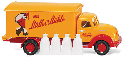 Wiking 54049 HO Scale Magirus Sirius Box-Body Delivery Truck - Assembled -- Muller's Muhle (yellow, red, German Lettering)