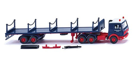 Wiking 55402 HO Scale Mercedes-Benz 3850 Tractor with Stake Trailer - Assembled -- Rheinkraft-Spedition (blue, red, German Lettering)