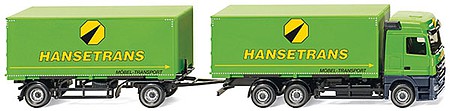 Wiking 57311 HO Scale Mercedes-Benz Actros Swap-Body Box Truck w/Trailer - Assembled -- Hansetrans (green, yellow, German Lettering)
