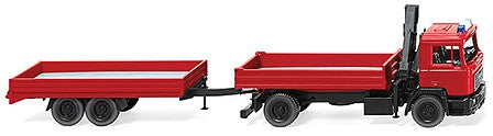 Wiking 60130 HO Scale 1986-1994 MAN F 90 Low-Side Truck with Trailer & Hoist - Assembled -- Fire Service (red)