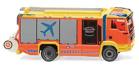 Wiking 61243 HO Scale MAN TGM Euro 6 Rosenbauer AT LF Fire Truck - Assembed -- Airport (orange, yellow, silver, blue, English and German Lettering)