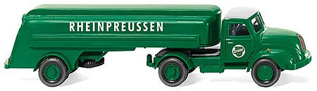 Wiking 80049 HO Scale 1958 Magirus S 3500 Tractor w/Tank Trailer - Assembled -- Rheinpreussen (green, white, German Lettering)