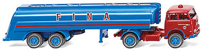 Wiking 88248 HO Scale 1960 MAN Pausbacke Tractor w/Tank Trailer - Assembled -- Fina (blue, red, German Lettering)