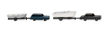 Wiking 92139 N Scale Mercedes-Benz 280, Volkswagen Variant, 2 Boats on Trailers Set - Assembled -- Black, Blue with White Boats
