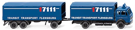 Wiking 94006 N Scale 1973-1980 Mercedes-Benz 1632 Low-Side Truck with Trailer - Assembled -- Transit Transport (blue, white, red, German Lettering)