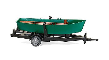 Wiking 9401 HO Scale Rowboat on Trailer - Assembled -- Green Boat, Black Trailer