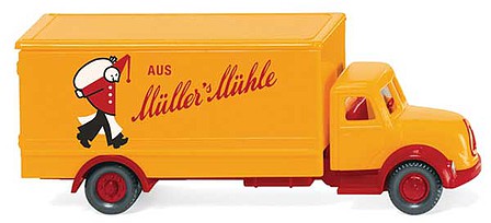 Wiking 94905 N Scale Magirus Sirius Box-Body Delivery Truck - Assembled -- Mullers Muhle (yellow, red, German Lettering)