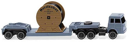 Wiking 94939 N Scale Hanomag Henschel Tractor with Low-Boy Trailer and Cable Load - Assembled -- Gray, Nordkabel Reel Markings