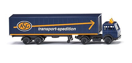 Wiking 95003 N Scale Mercedes-Benz SK Tractor with Container Chassis and Trailer - Assembed -- ASG (blue, yellow, German Lettering)