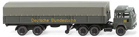 Wiking 95610 N Scale 1963 Magirus Tractor with Low-Side Trailer - Assembled -- German Federal Railroad DB (gray, yellow, German Lettering)