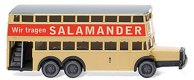 Wiking 97303 N Scale 1938 MAN D 38 Double-Decker Bus - Assembled -- Berlin, Germany (beige, red, white, Salamander Ad, German Lettering)